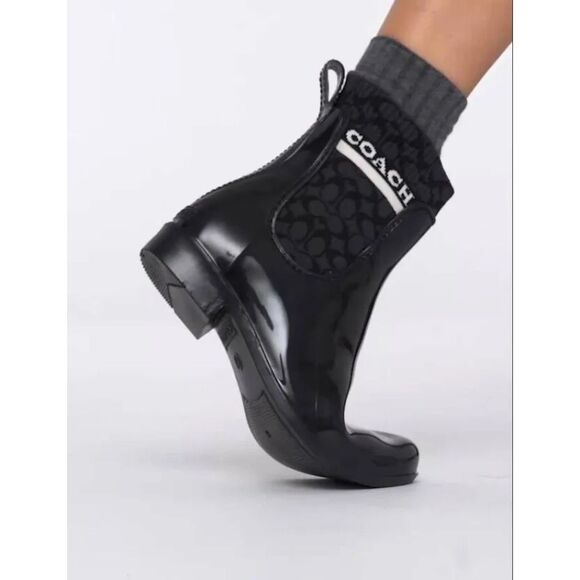 NWOB COACH Rivington Signature Knit Waterproof Chelsea Rain Boot in Black Size 5 - Picture 2 of 13